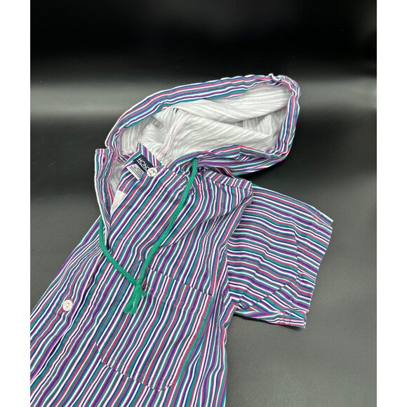 Vintage Childs Shirt Short Sleeve Hood Button Up Stripes Pink Blue 1990s - Picture 2 of 7